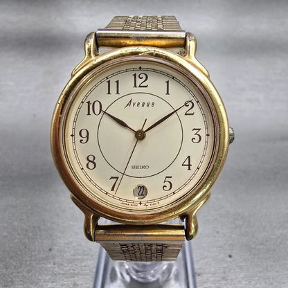 Seiko Avenue Watch Men 32mm Cream Dial Gold Tone Date 5H22-6150 New Battery VTG0