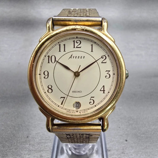 Seiko Avenue Watch Men 32mm Cream Dial Gold Tone Date 5H22-6150 New Battery VTG0