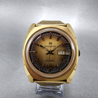 Hamilton Electronic Watch Men 37mm Brown Dial Gold Plated Round Daydate PARTS0