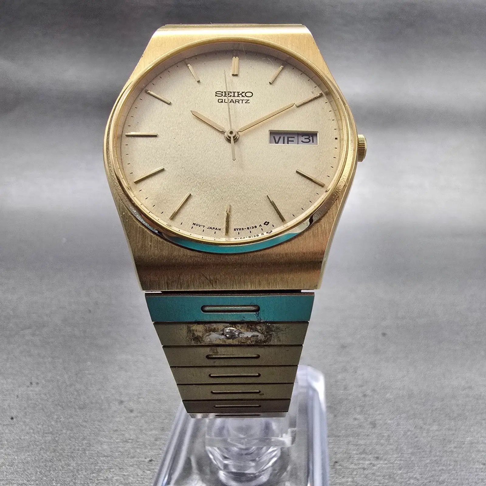 Seiko Watch Men 33mm Champagne Dial Gold Tone Daydate Round 5Y23-8119 New Batt5
