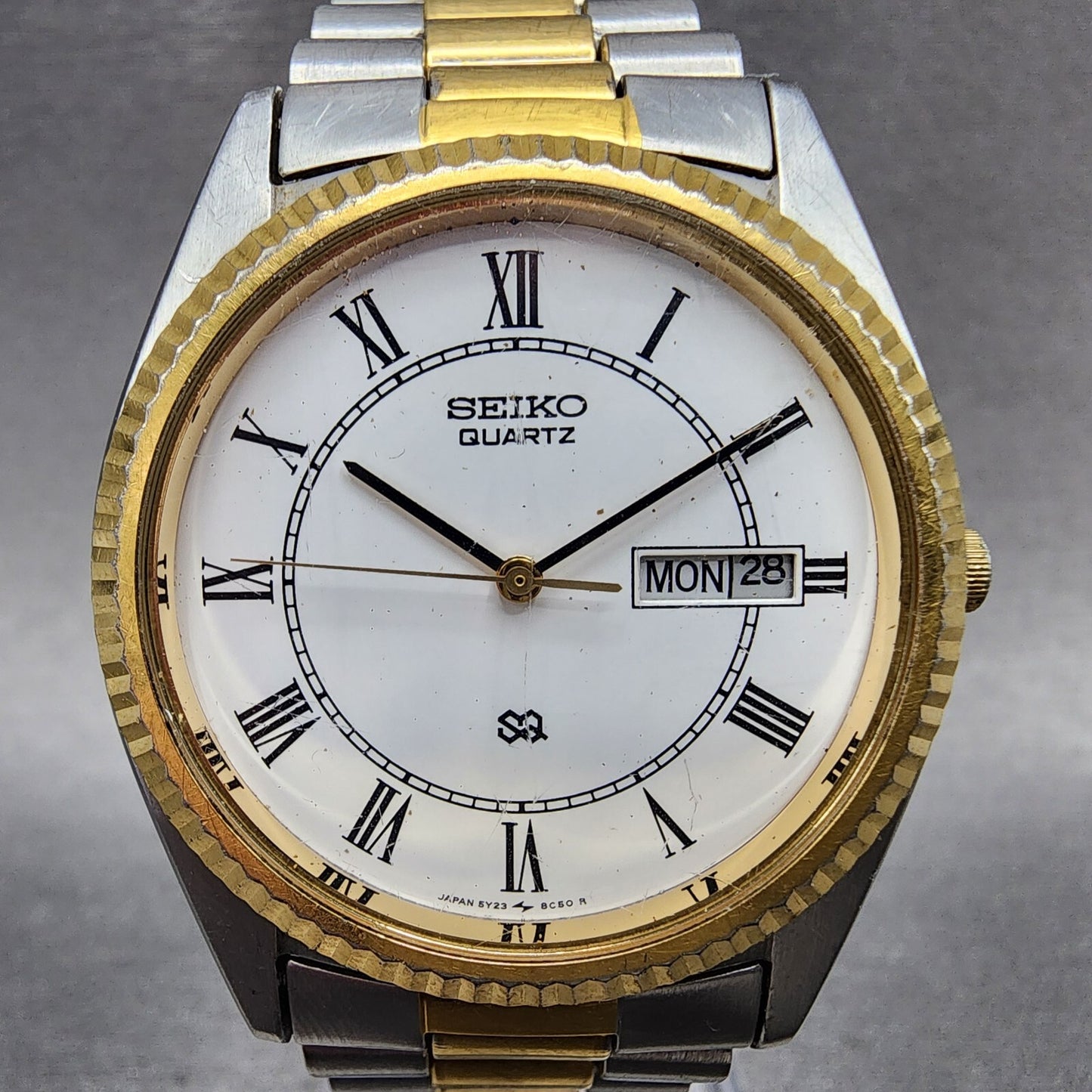 Seiko SQ President Watch Men 36mm White Dial Two Tone Daydate Round New Battery