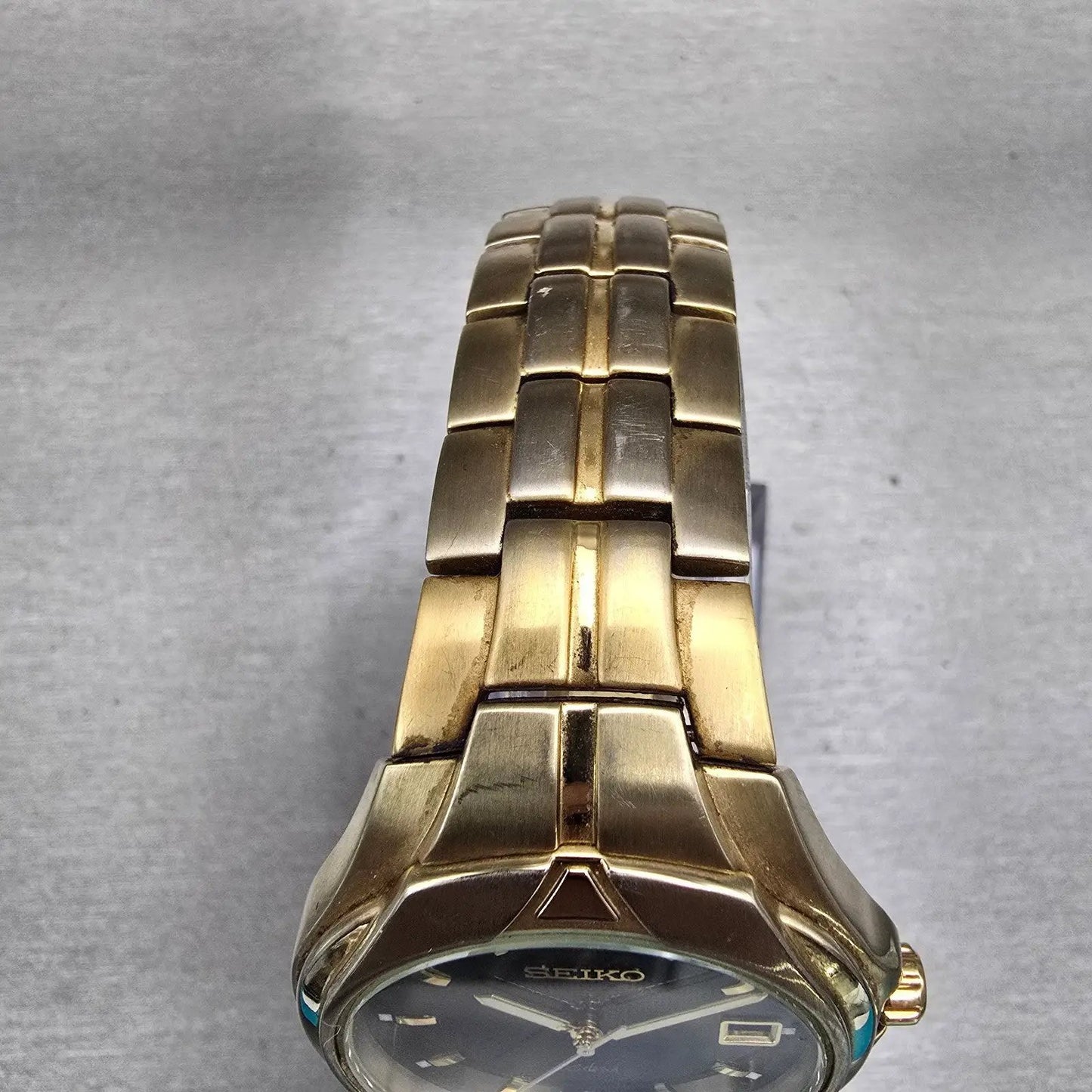 Seiko Watch Men 37mm Black Dial Gold Tone Date Round 7N42-0BC0 New Battery VTG4