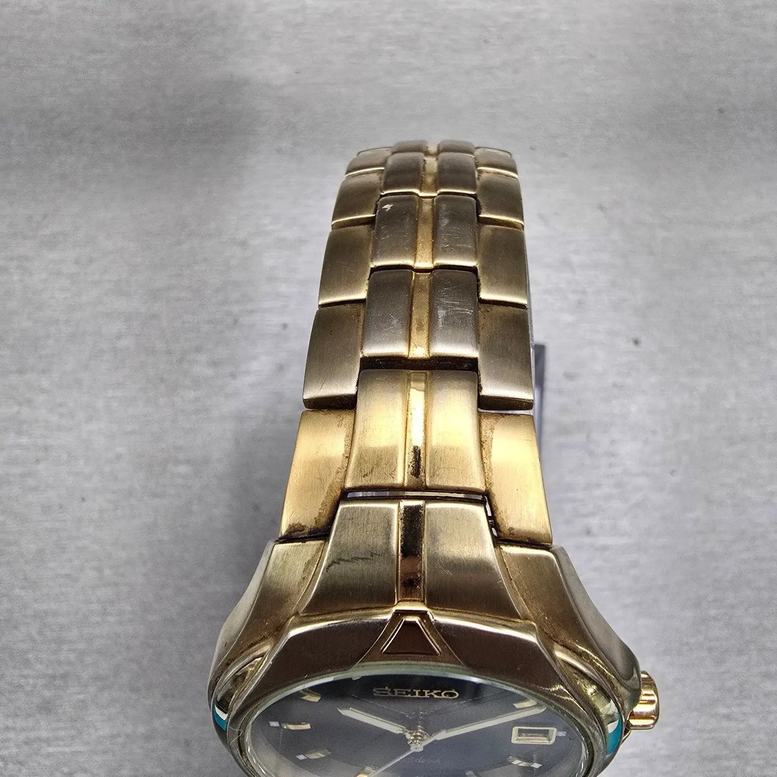 Seiko Watch Men 37mm Black Dial Gold Tone Date Round 7N42-0BC0 New Battery VTG4