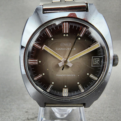 Bulova Caravelle Transistorized Watch Men 34mm Gray Dial Silver Tone Date Runs1