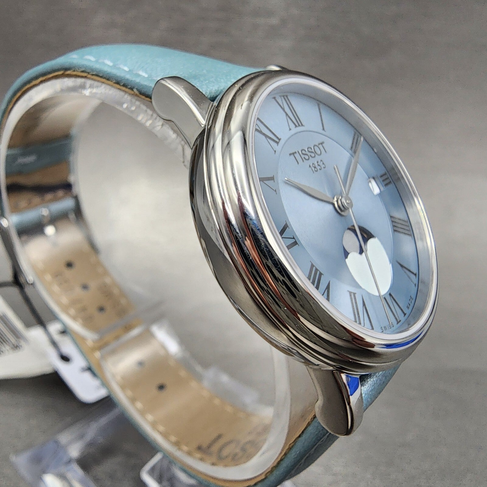 Tissot Carson Moonphase Watch Women 32mm Blue Dial Steel Date Round Leather Band3