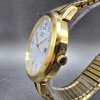 Citizen Eco-Drive Watch Men 38mm White Dial Gold Tone Date E111-S022894 Runs JP2