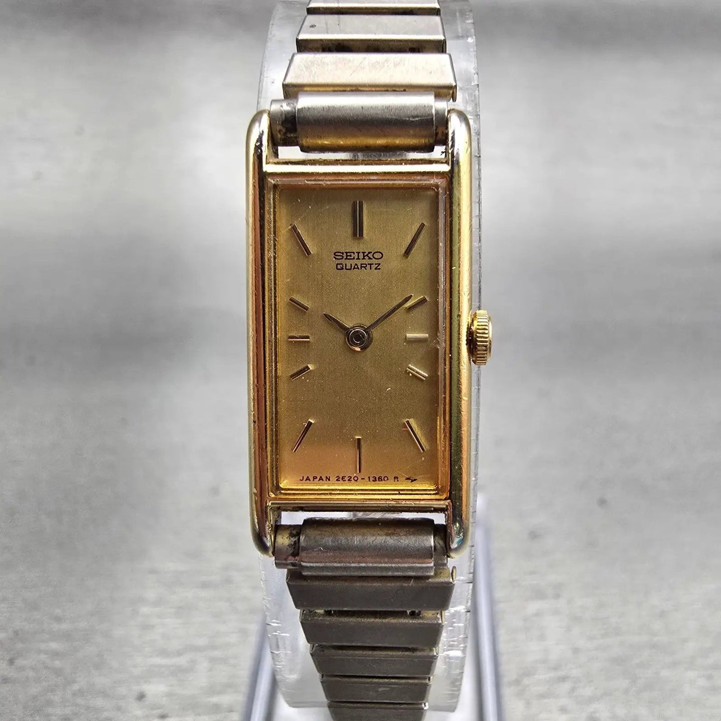 Seiko Watch Women 13mm Gold Dial Gold Tone Rectangle 2E20-6120 New Battery VTG0