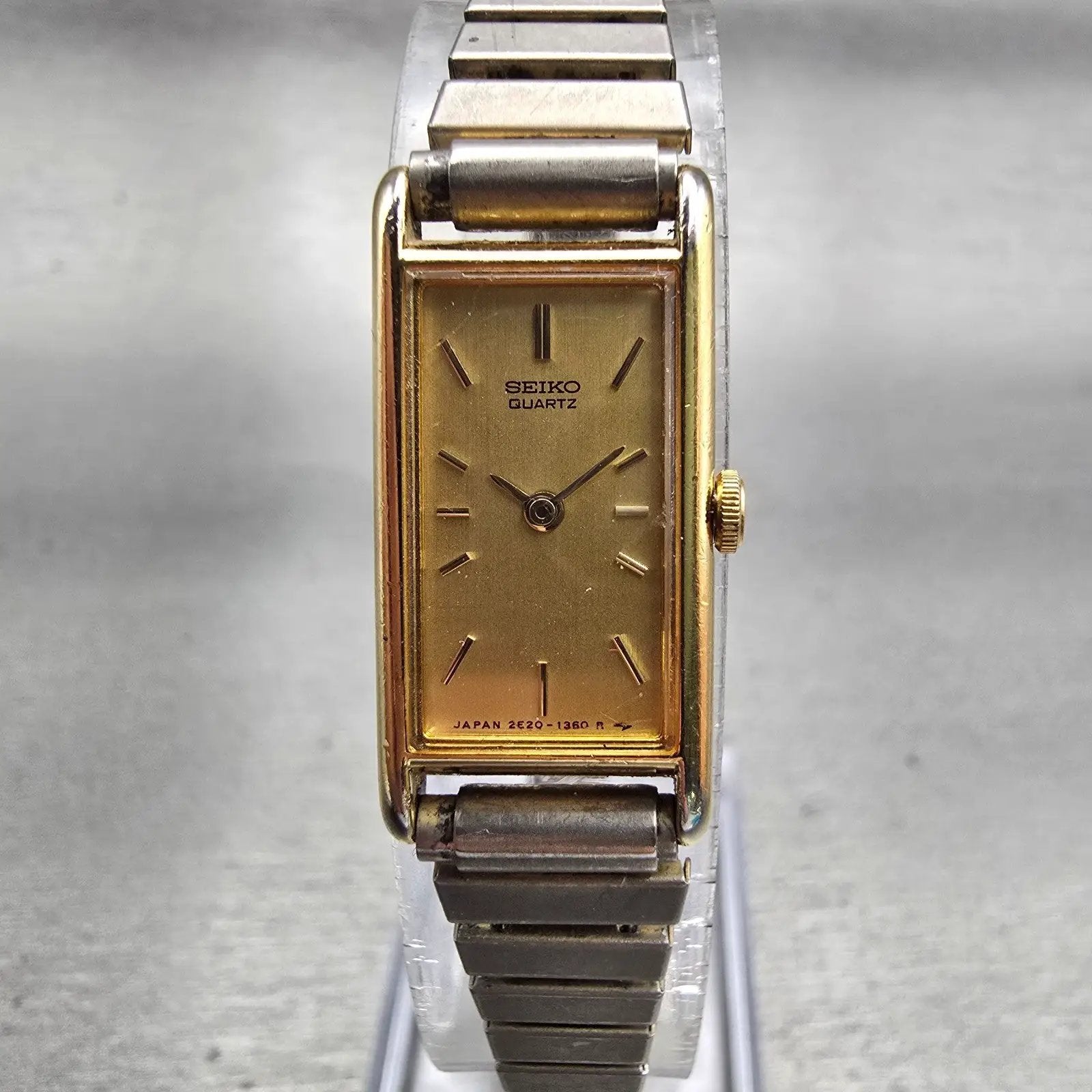 Seiko Watch Women 13mm Gold Dial Gold Tone Rectangle 2E20-6120 New Battery VTG0