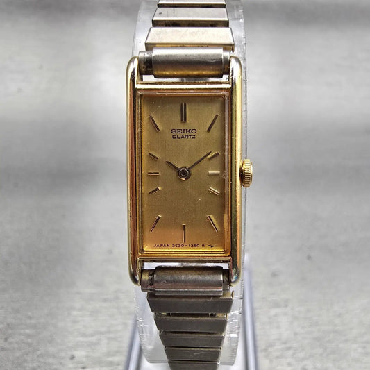 Seiko Watch Women 13mm Gold Dial Gold Tone Rectangle 2E20-6120 New Battery VTG0