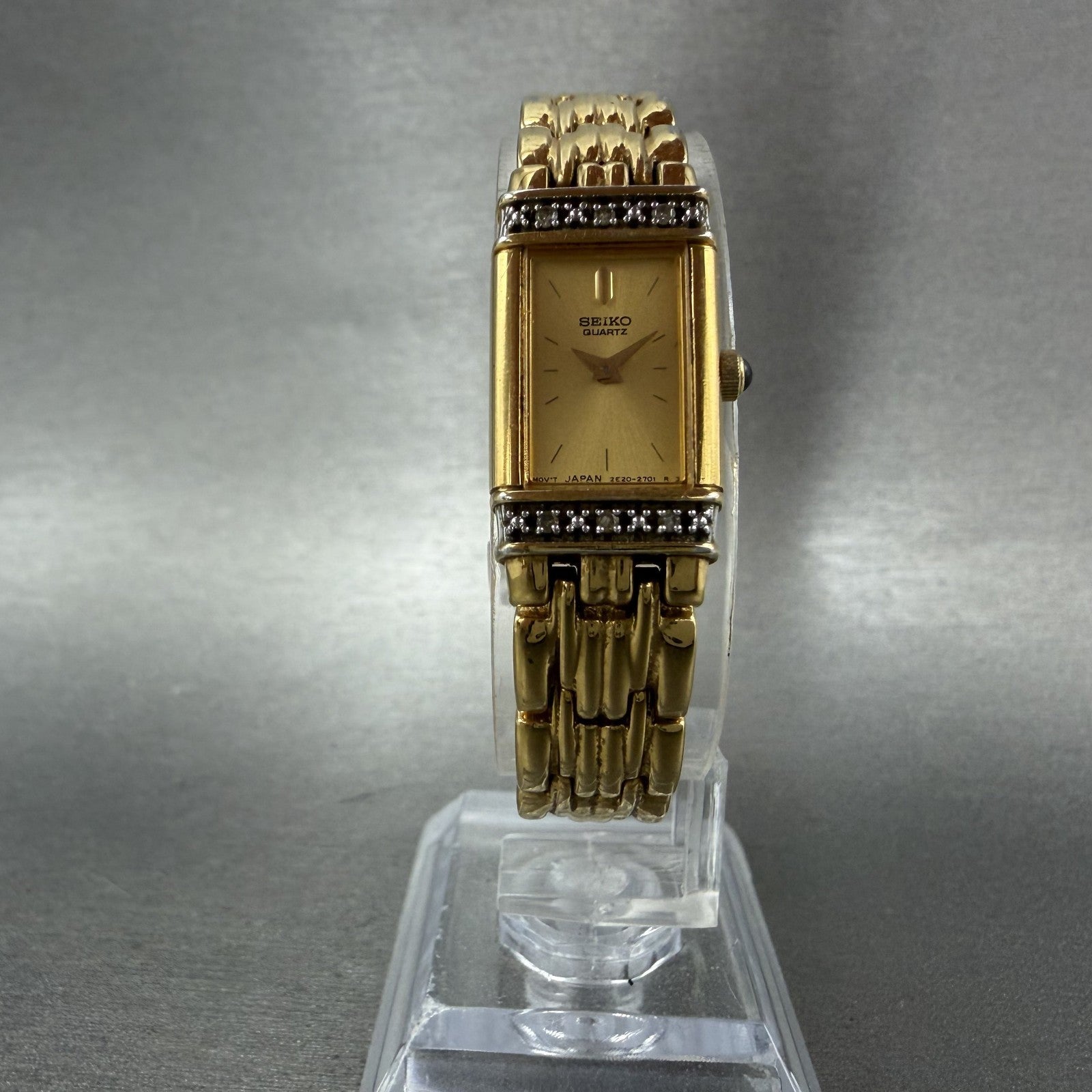 Seiko Tank Watch Women 14mm Champagne Dial Gold Tone 2E207191 New Battery5