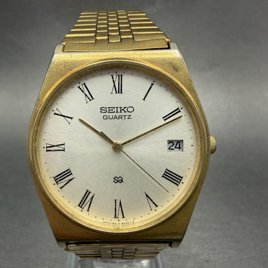 Seiko SQ Watch Men 33mm Silver Dial Gold Tone Date Round 8222-8019 New Battery0