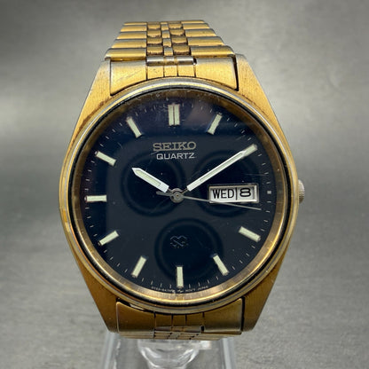Seiko SQ Watch Men 35mm Blue Dial Gold Tone Daydate Round 5Y23-8A11 PARTS VTG0