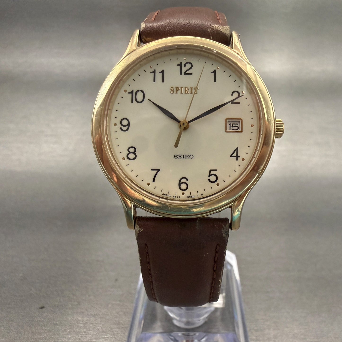 Seiko Spirit Watch Men 33mm Champagne Dial Gold Tone Date Round 5E32-6A3A Newbat5