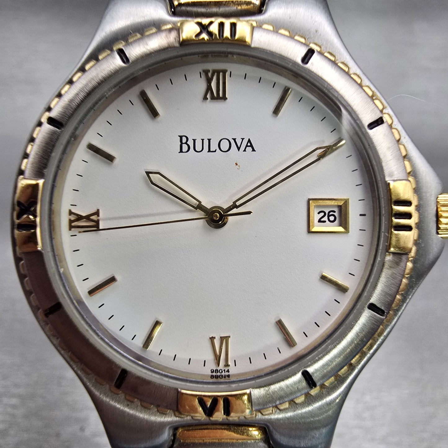 Bulova Watch Men 34mm White Dial Two Tone Date Round 98G14 New Battery1