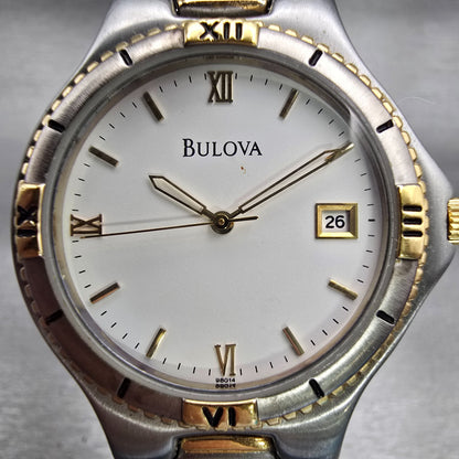 Bulova Watch Men 34mm White Dial Two Tone Date Round 98G14 New Battery1