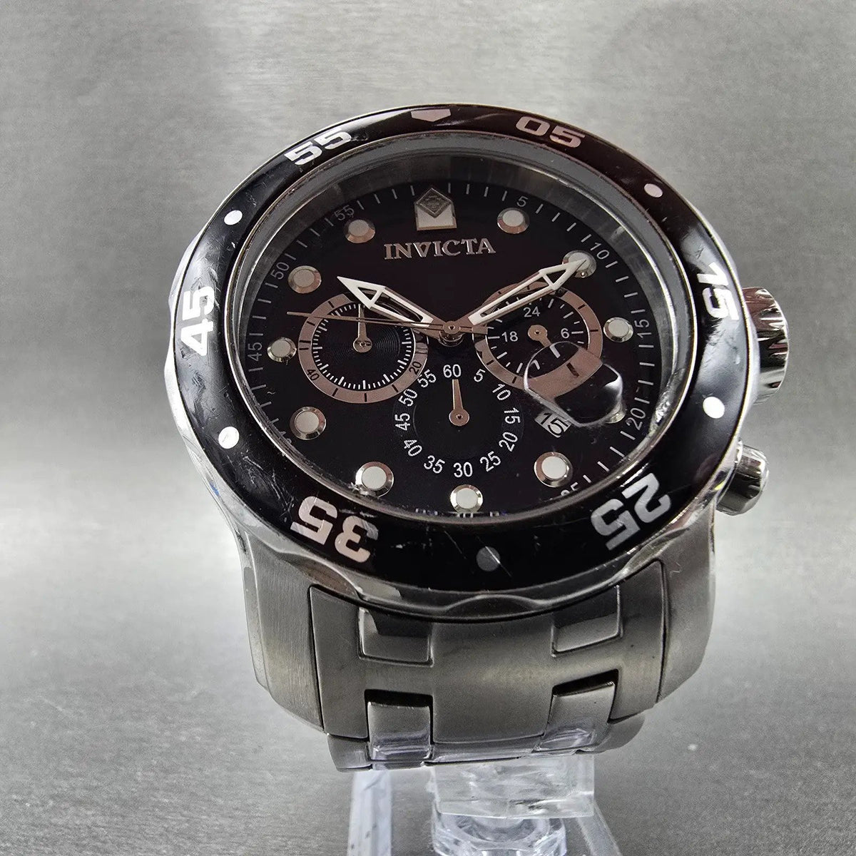 Invicta Pro Diver Chronograph Watch Men 48mm Black Dial Steel Date 0069 New Batt5