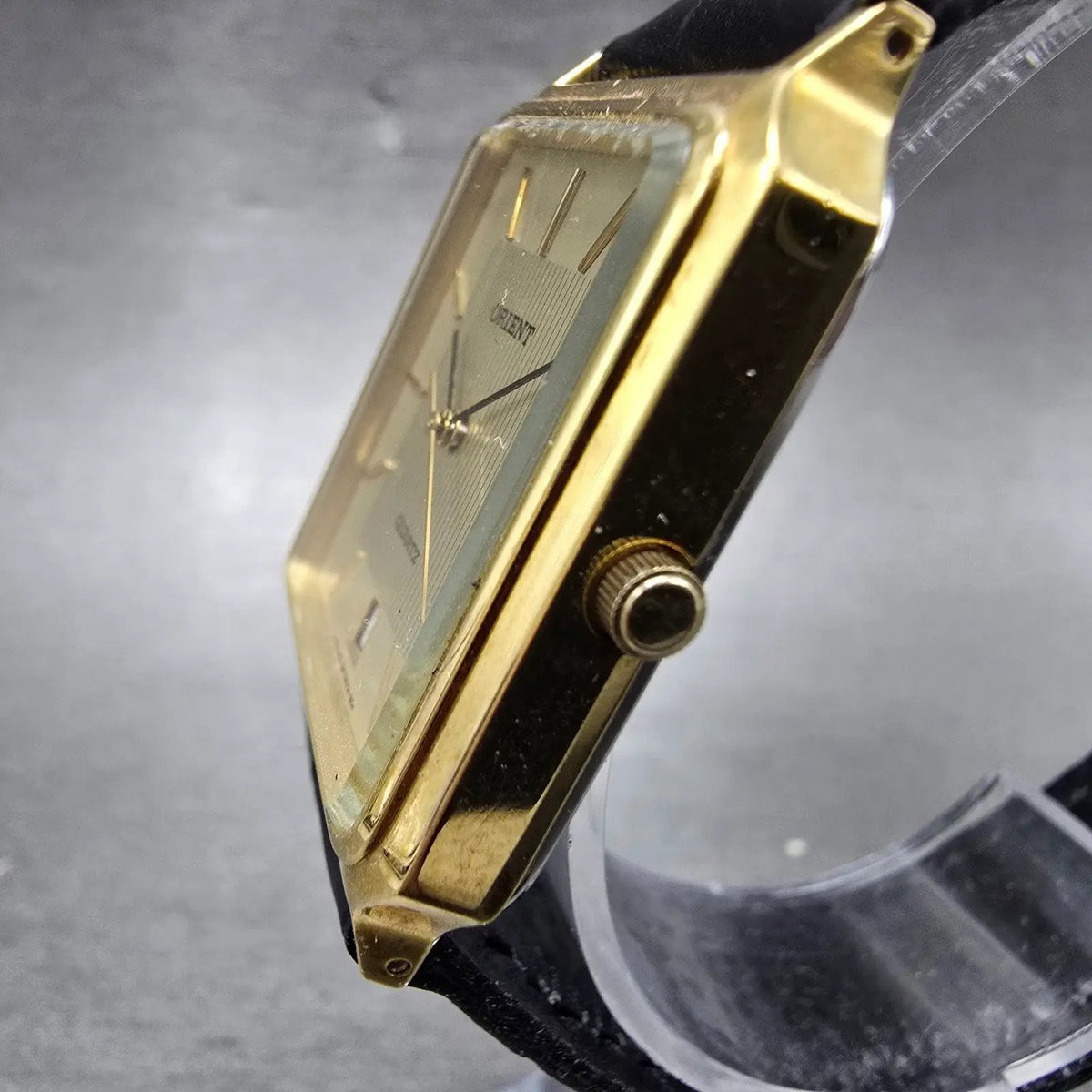 Orient Tank Watch Men 28mm Champagne Dial Gold Tone Rectangle Date New Battery2