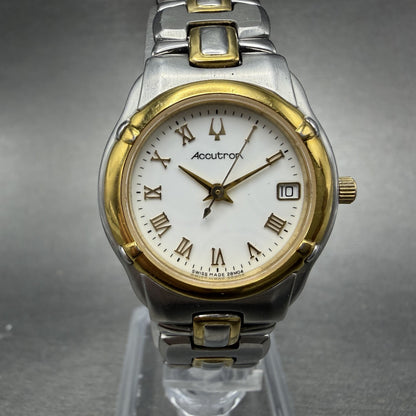 Bulova Accutron Watch Women 26mm White Dial Two Tone Date 28M04 New Batt READ!!!0