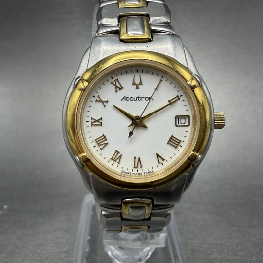 Bulova Accutron Watch Women 26mm White Dial Two Tone Date 28M04 New Batt READ!!!0