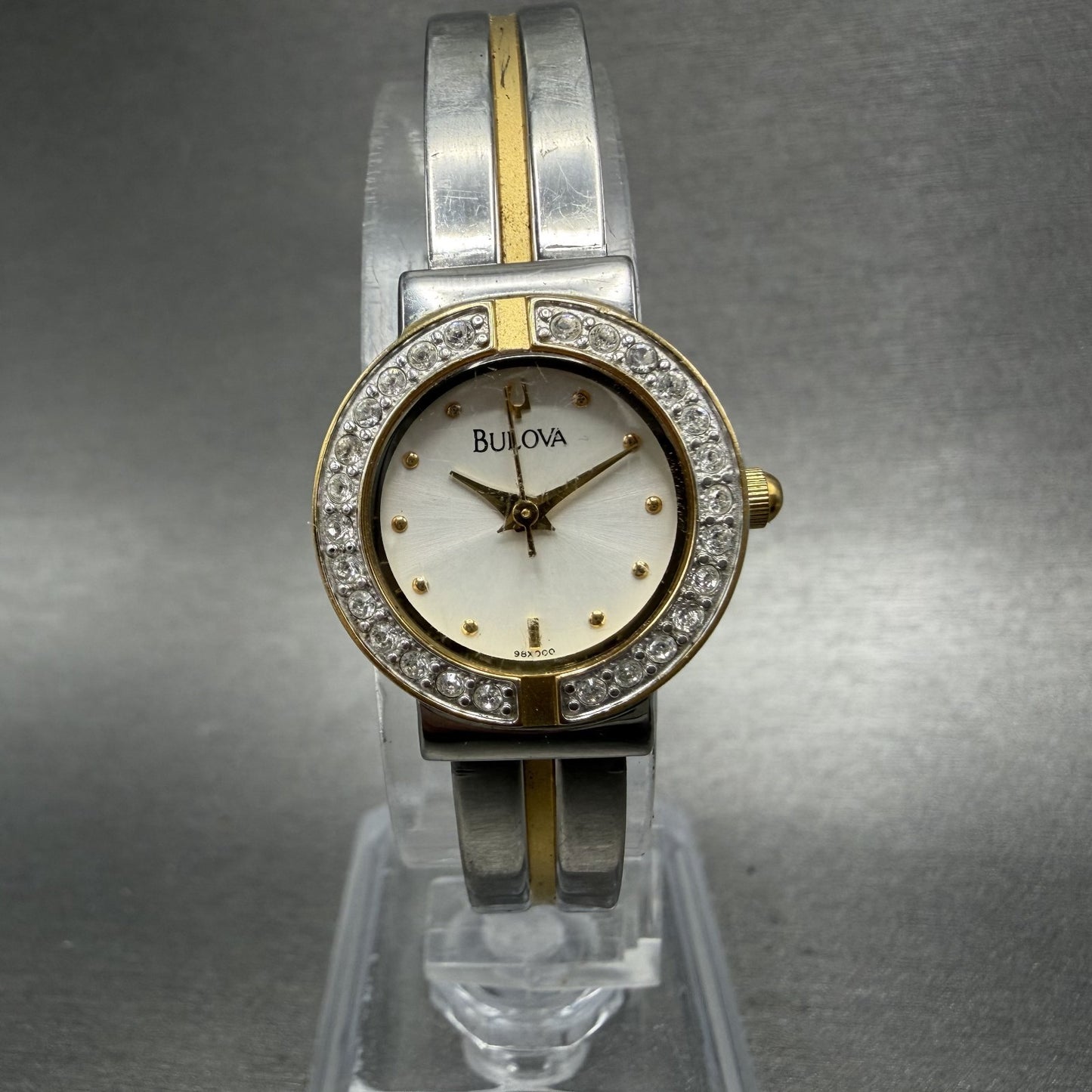 Bulova Watch Women 21mm White Dial Two Tone Crystal Bezel 98X000 New Battery0