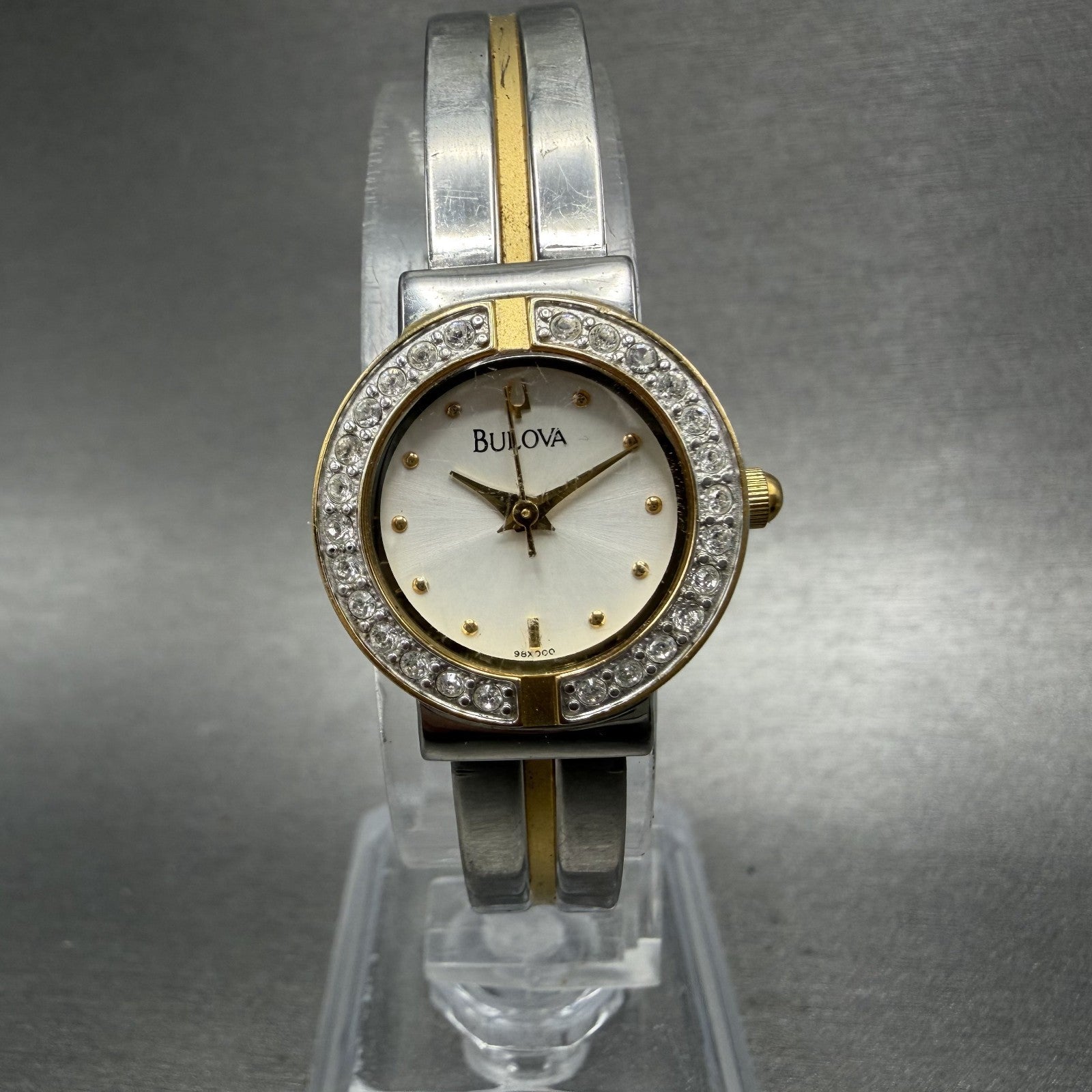 Bulova Watch Women 21mm White Dial Two Tone Crystal Bezel 98X000 New Battery0