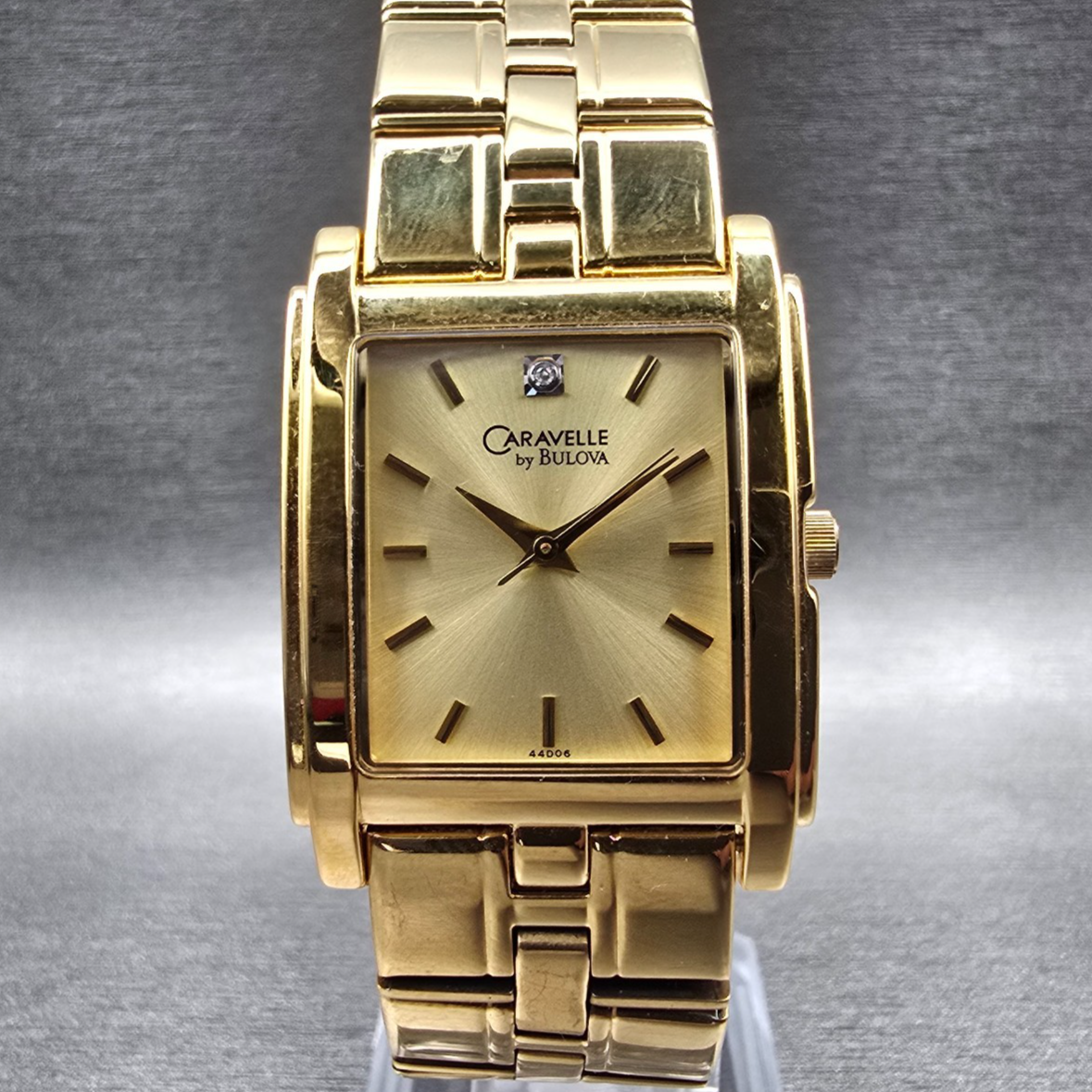 Bulova Caravelle Watch Men 26mm Gold Dial Gold Tone Rectangle 44D06 New Battery0