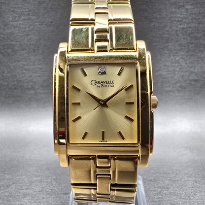 Bulova Caravelle Watch Men 26mm Gold Dial Gold Tone Rectangle 44D06 New Battery0