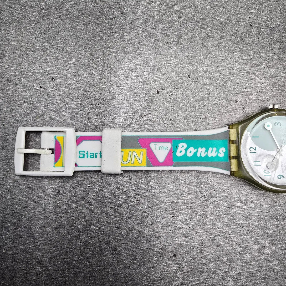 Swatch Rägetropfe Mens Watch 34mm Silver Dial Clear Case GG405 New Battery VTG13