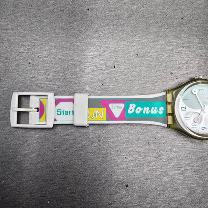 Swatch Rägetropfe Mens Watch 34mm Silver Dial Clear Case GG405 New Battery VTG13