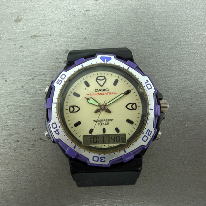 Casio AQ-130W Watch Men 42mm Cream Dial Black Alarm Chronograph New Battery0