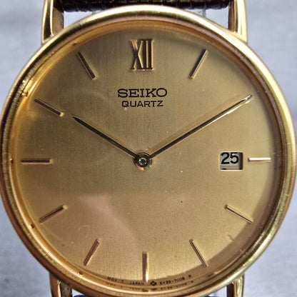Seiko Watch Men 32mm Gold Dial Gold Tone Date Round 5Y39-7010 New Battery VTG1
