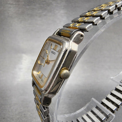 VTG Seiko Tank Watch Women 18mm White Dial Two Tone Rectangle V4015720 New Batt2