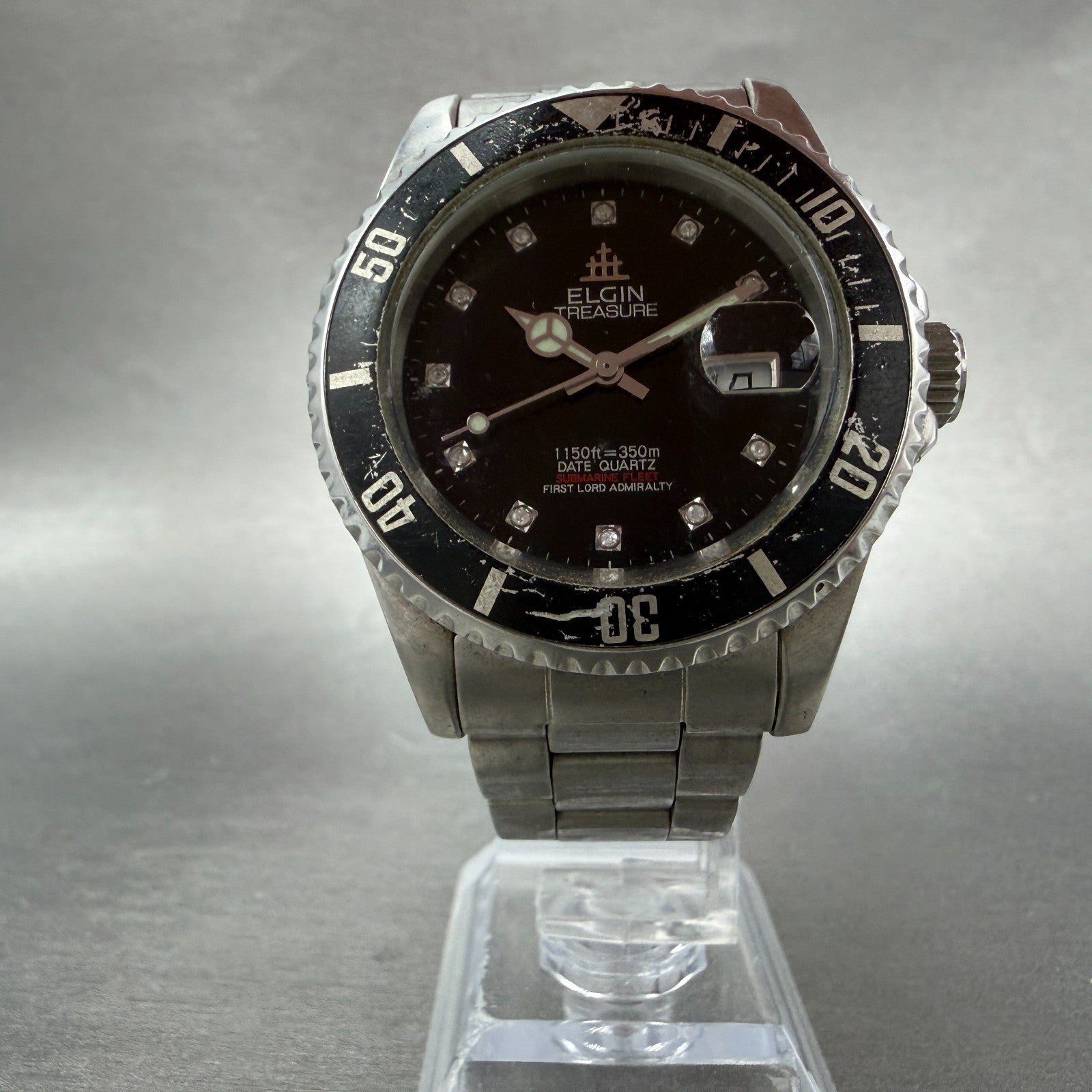 Elgin Treasure Dive Watch Men 39mm Black Dial Silver Date Round New Batt FK-2725