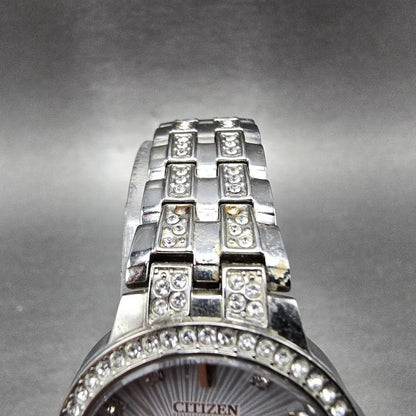 Eco-Drive Silhouette Crystal Watch Women 28mm White Dial Silver Date EW2340-58A4