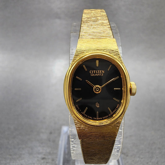Citizen CQ Watch Women 16mm Black Dial Gold Tone Oval 3220S34054Z New Battery0