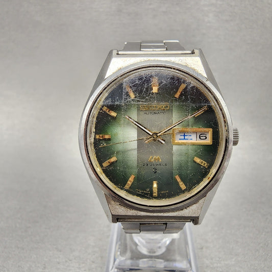 Seiko Lord Matic Watch Men 36mm Green Dial Silver Tone Daydate 5606-7310 Runs