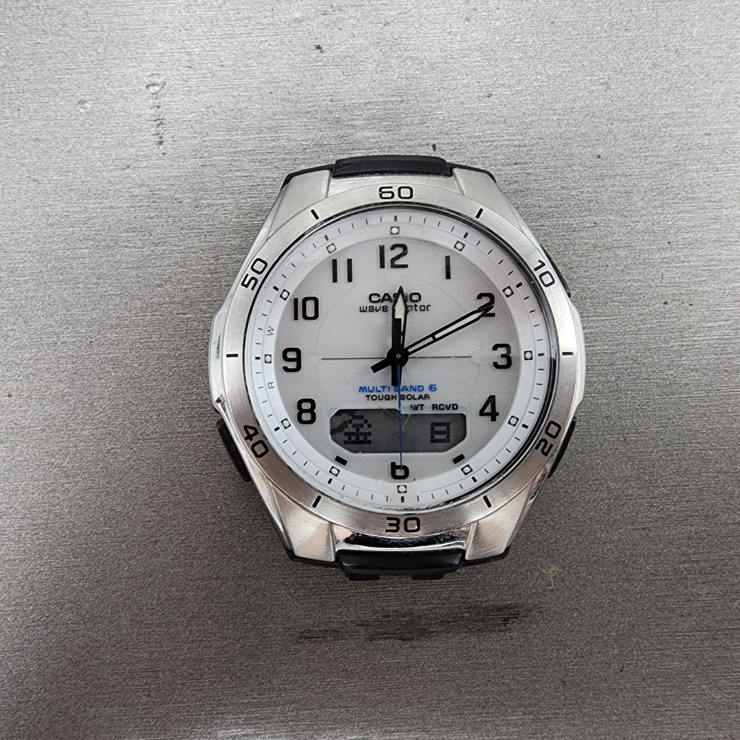Casio Wave Ceptor Watch Men 43mm White Dial Steel Solar Analog Digital Works ABC0