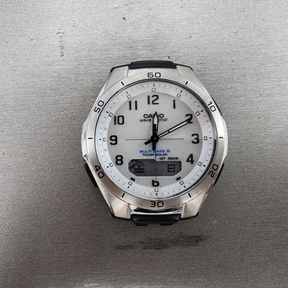 Casio Wave Ceptor Watch Men 43mm White Dial Steel Solar Analog Digital Works ABC0