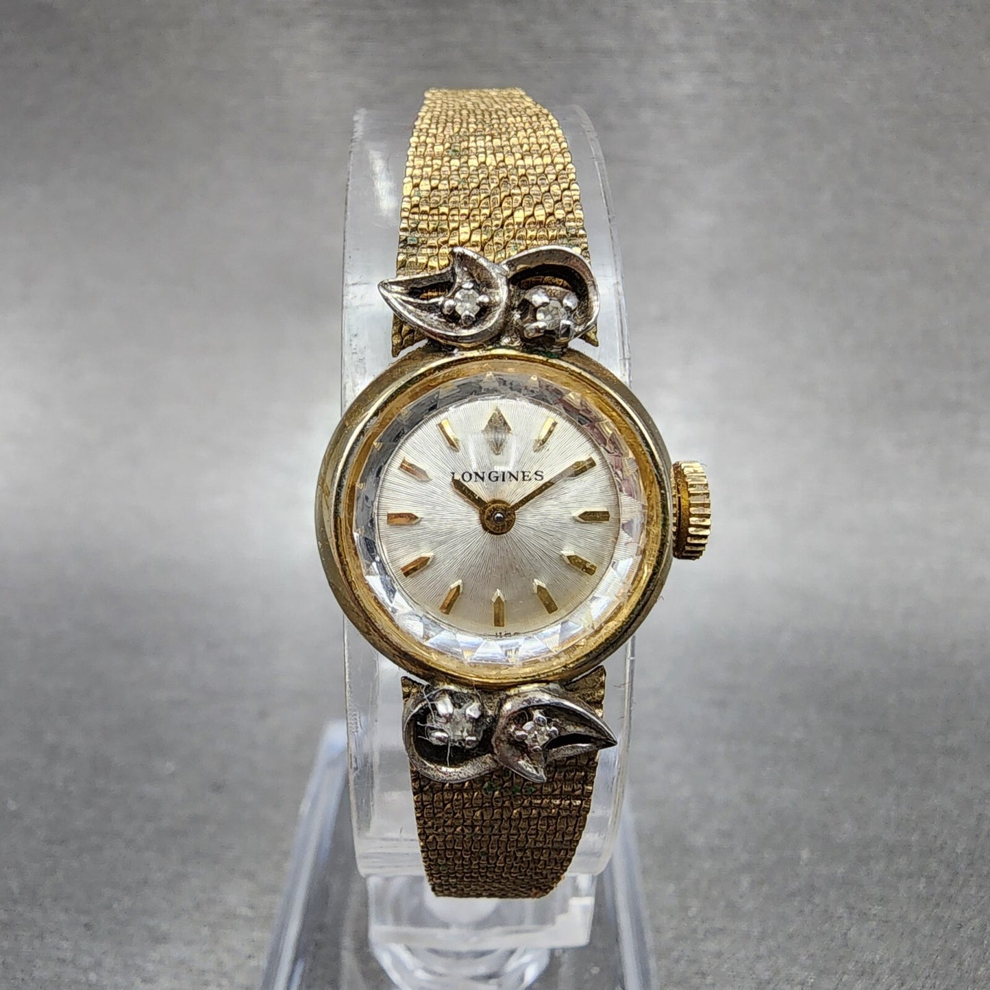 Longines Watch Women 17mm Silver Dial Gold Tone Diamond Manual Wind Runs NOS1