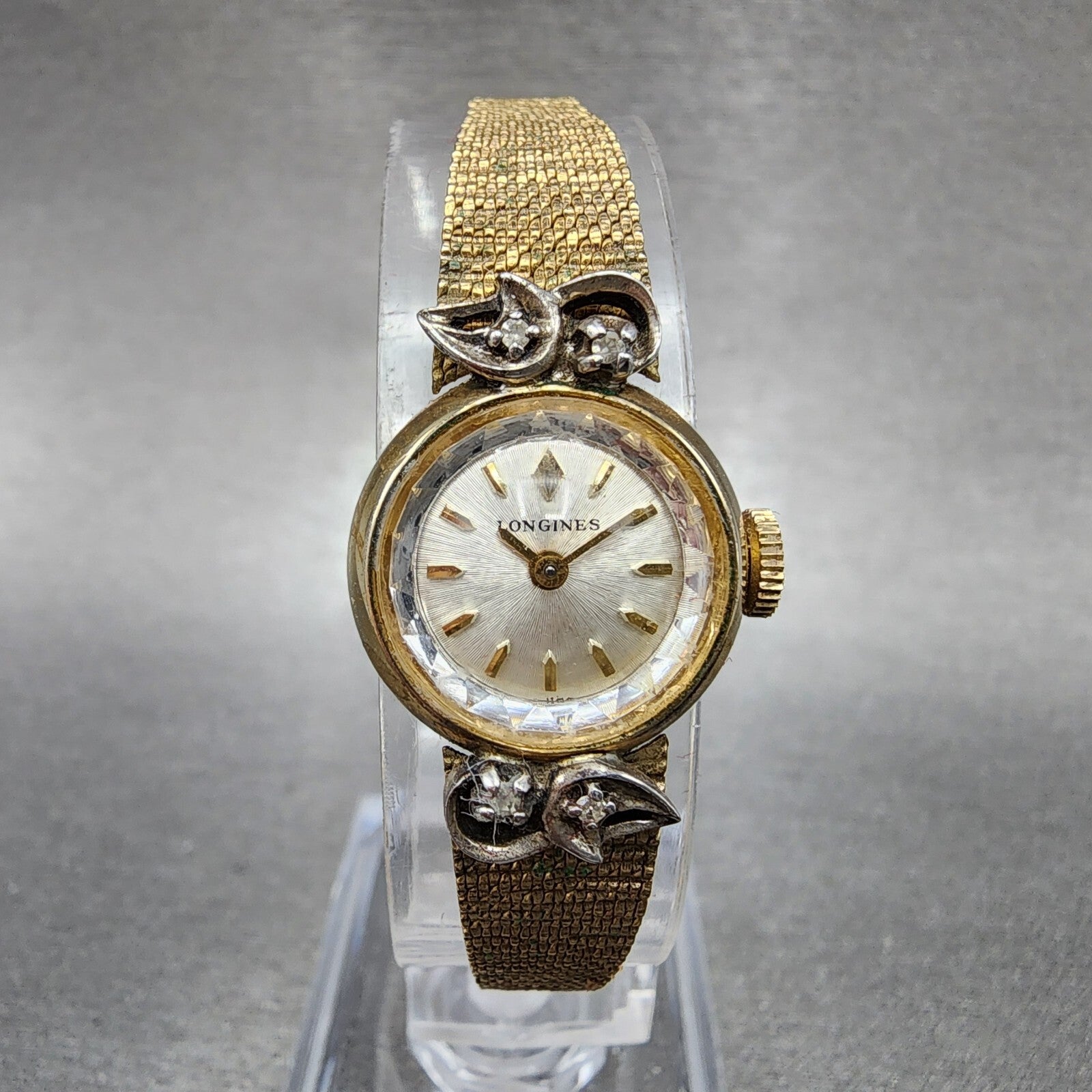 Longines Watch Women 17mm Silver Dial Gold Tone Diamond Manual Wind Runs NOS1