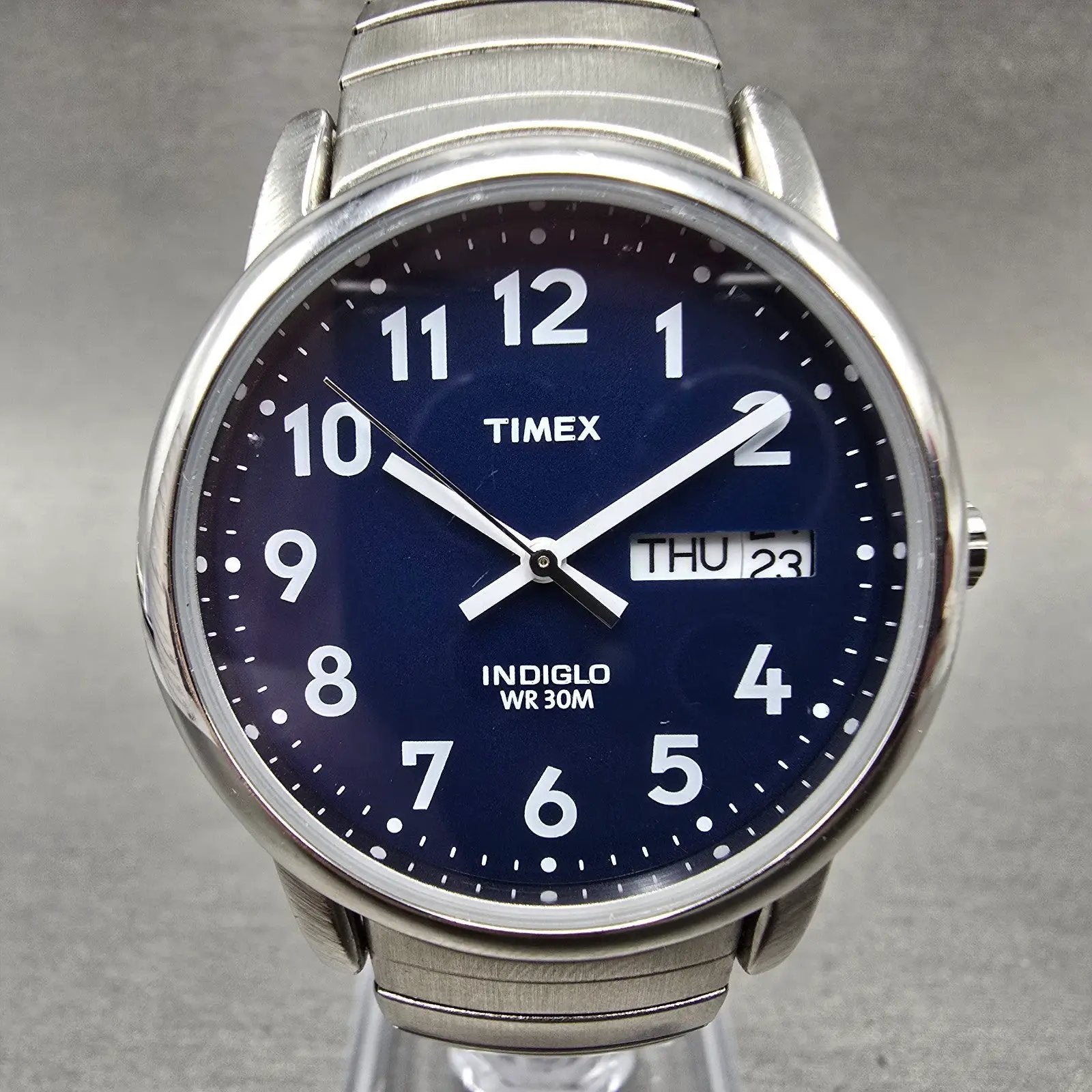 Timex Easy Reader Watch Men 35mm Blue Dial Silver Tone Round Daydate New Batt HM0