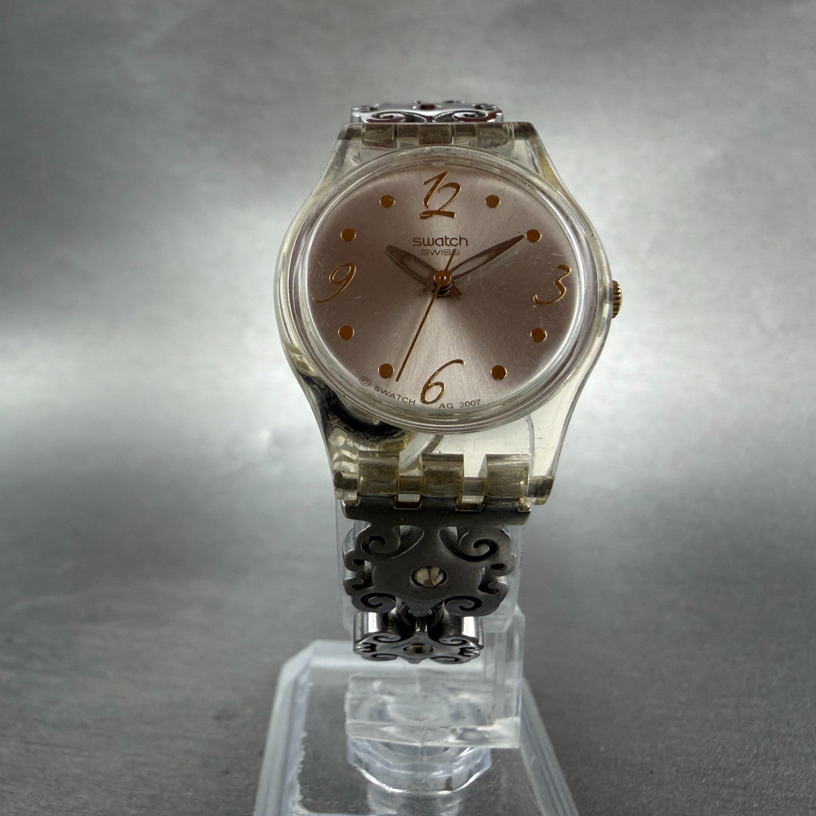 Swatch Crystal Lace Watch Women 25mm White Dial Clear Case Round New Battery5