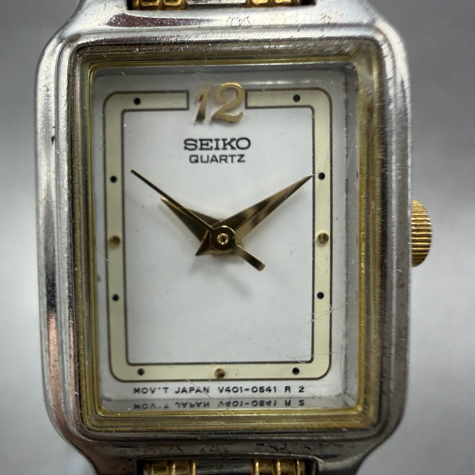 Seiko Tank Watch Women 18mm White Dial Two Tone Rectangle V401-5129 New BatteryB1