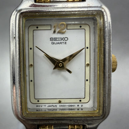 Seiko Tank Watch Women 18mm White Dial Two Tone Rectangle V401-5129 New BatteryB1