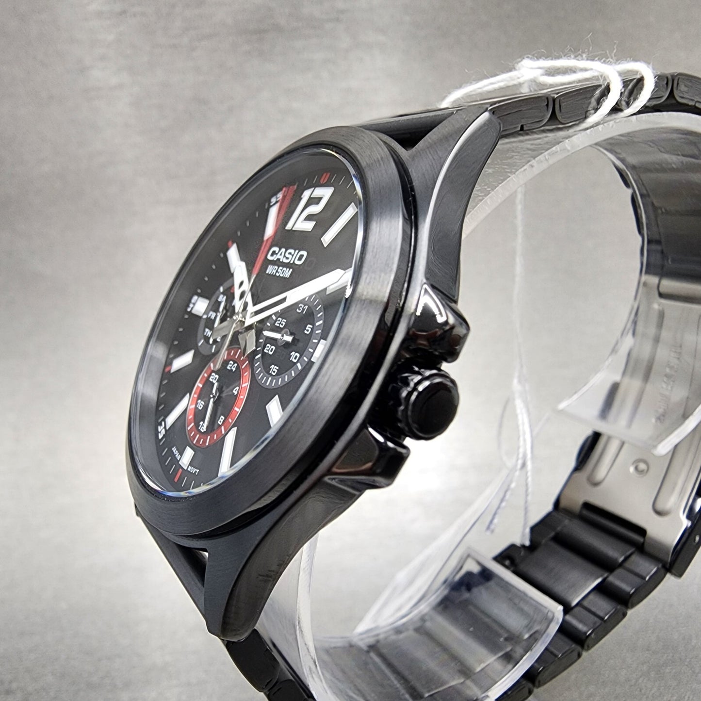 Casio MTP-E350 Watch Men 39mm Black Dial Black Steel Daydate Metal Bracelet