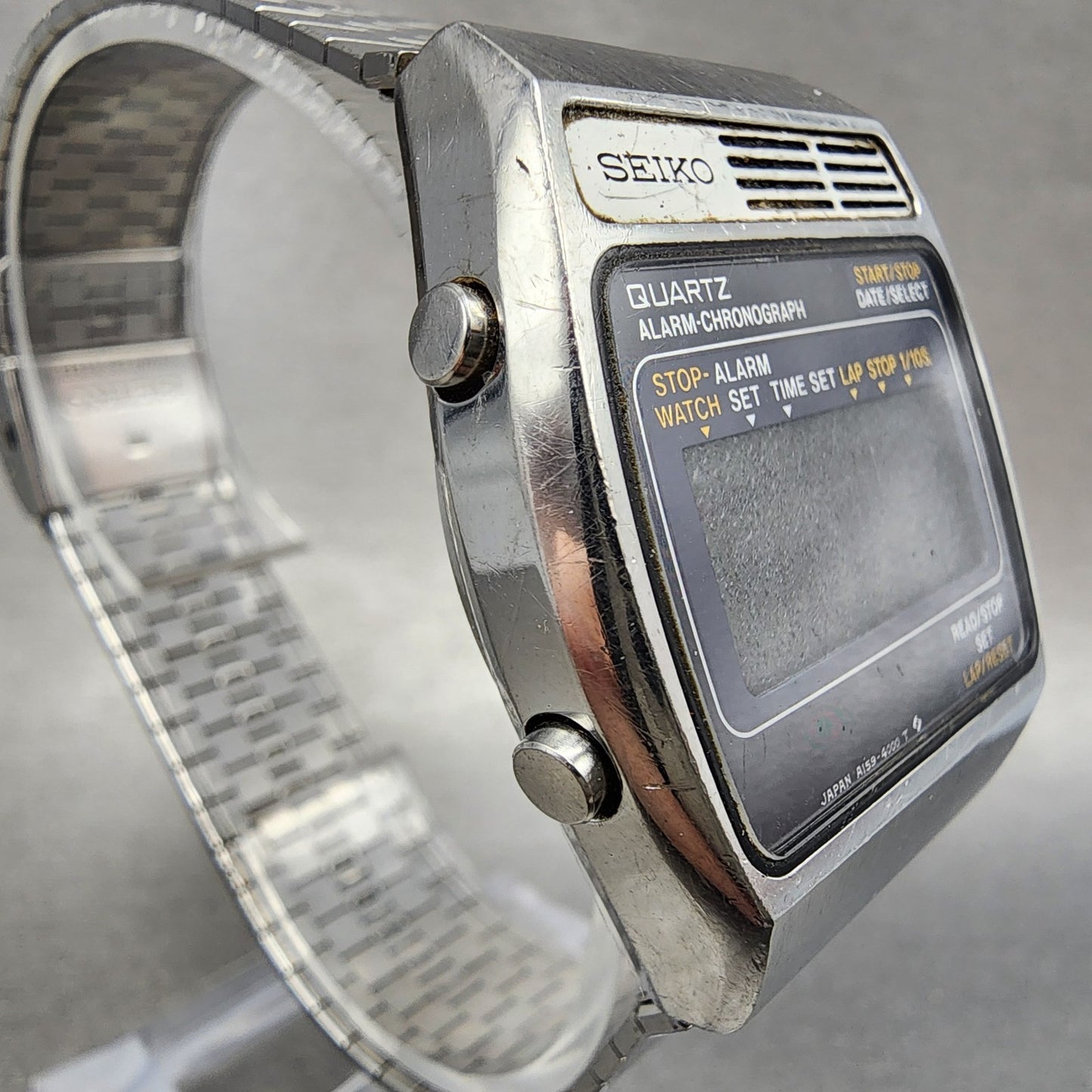 Seiko Digital Watch Men 34mm LCD Silver Tone Alarm Chrono A1594000 READ New Bat3
