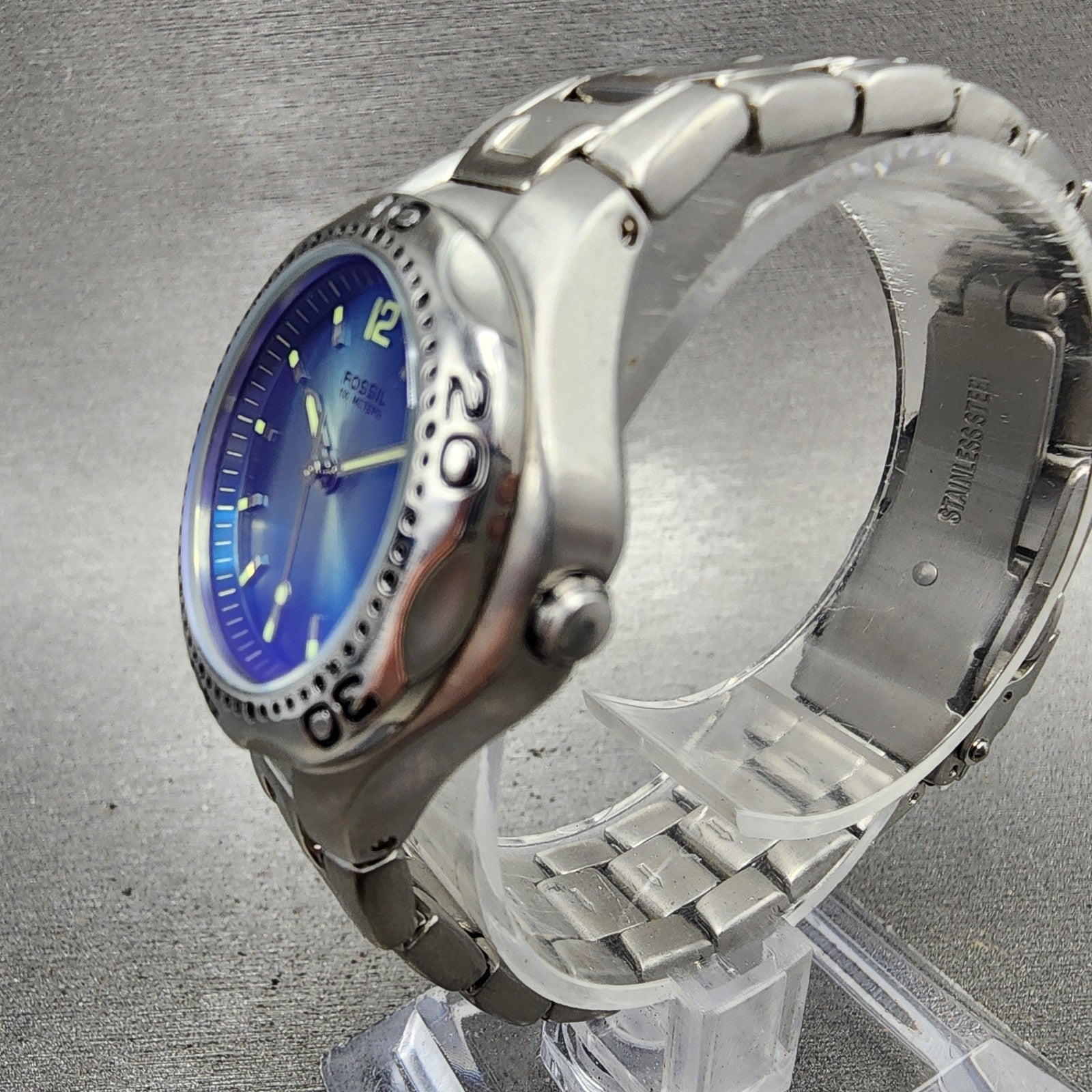 Fossil Blue Dive Watch Women 29mm Blue Dial Silver Tone Date AM3457 New Battery2