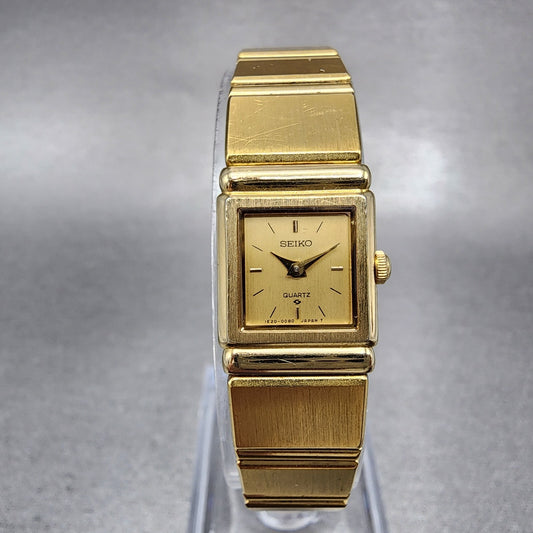 Seiko Watch Women 14mm Gold Dial Gold Tone Square 1E205030 New Battery0