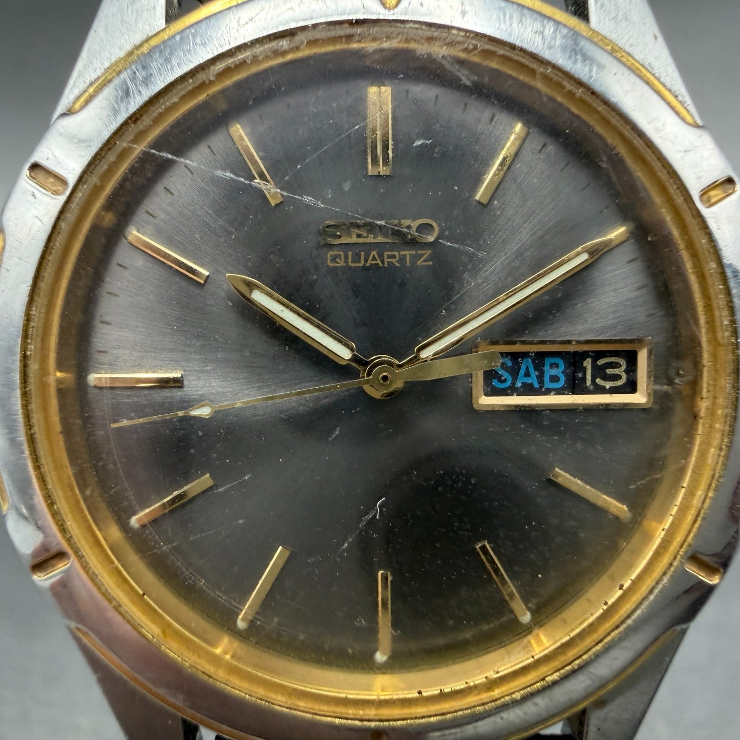 Seiko Watch Men 36mm Gray Dial Two Tone READ!!! Daydate Round 7n43-6a09 New Batt1