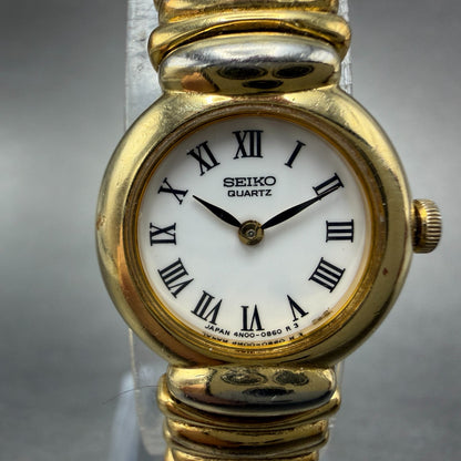 Seiko Watch Women 19mm White Dial Gold Tone Round Vinatge 4N00-0179 New Battery1